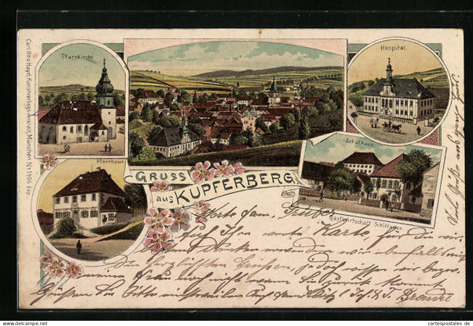 Lithographie Kupferberg, Pfarrkirche Und -haus, Hospital, Schulhaus, Totalansicht  - Autres & Non Classés