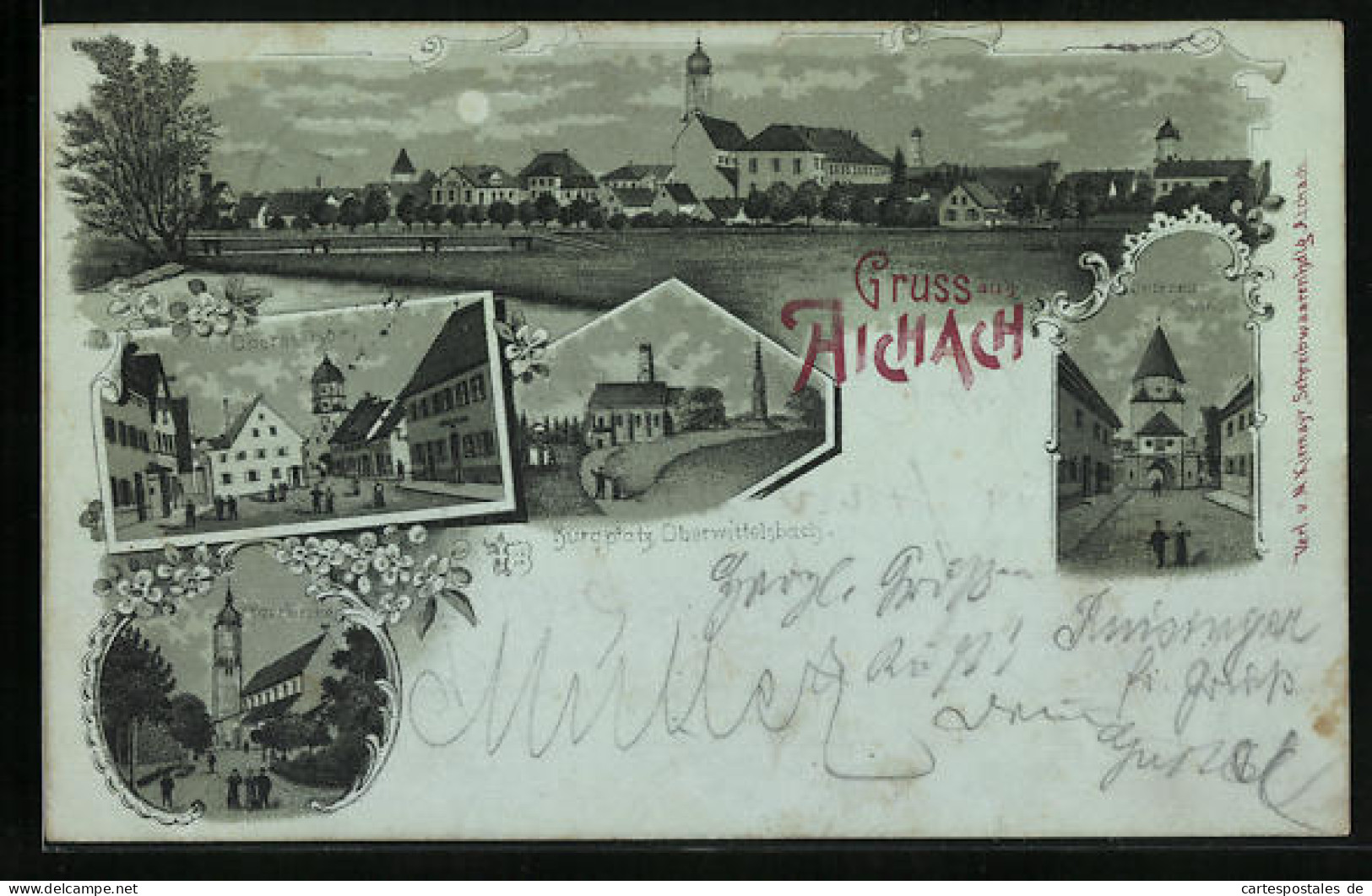 Mondschein-Lithographie Aichach, Ortsansicht Mit Pfarrkirche Und Burgplatz  - Aichach