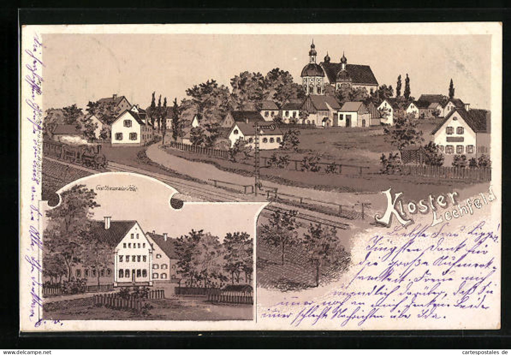 Lithographie Lechfeld, Ortsansicht Mit Gasthaus Zur Post Und Kloster  - Autres & Non Classés