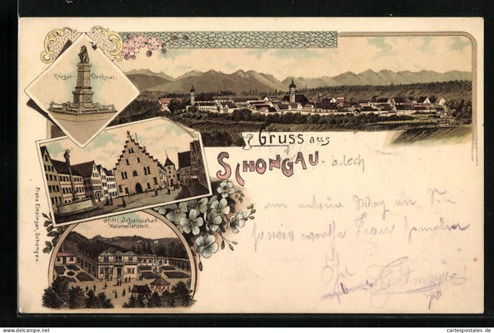 Lithographie Schongau, Totalansicht Mit Kriegerdenkmal Und Hotel Johannisbad  - Other & Unclassified