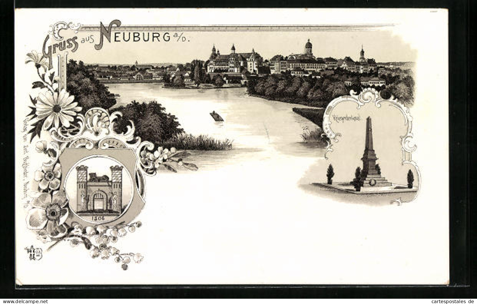 Lithographie Neuburg A. D., Teilansicht, Kriegerdenkmal, Wappen  - Neuburg