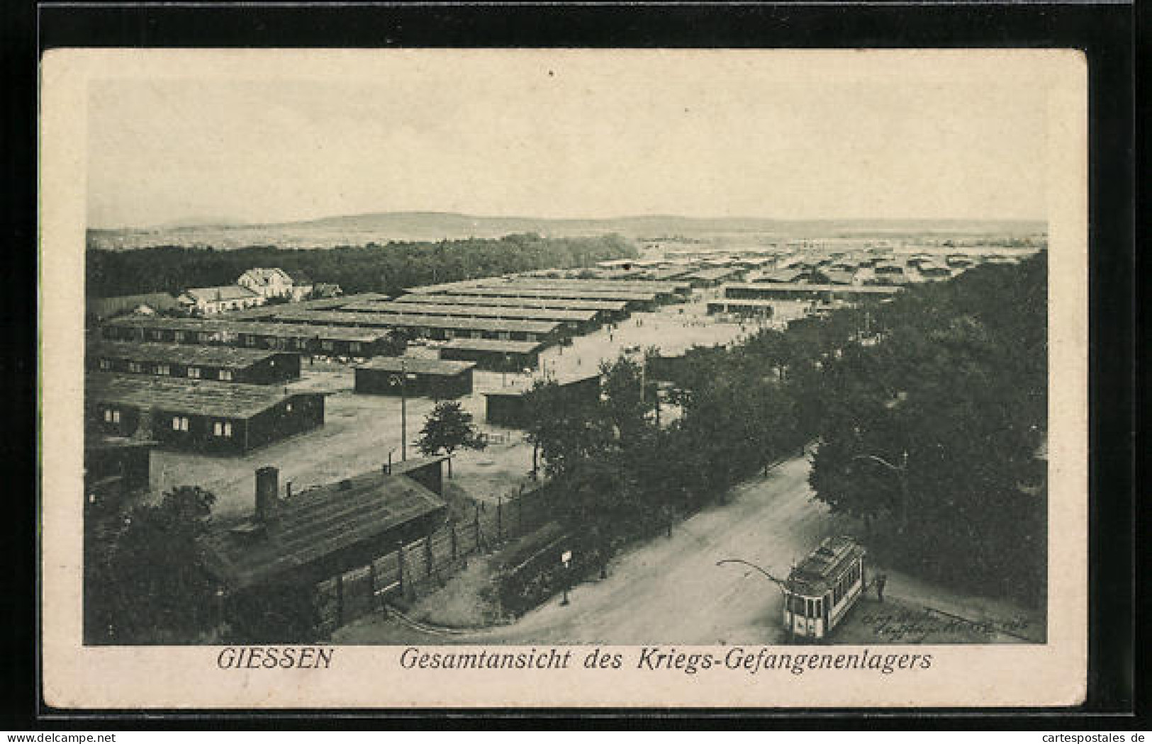 AK Giessen, Totalansicht Des Kriegsgefangenenlagers, Strassenbahn  - Weltkrieg 1914-18