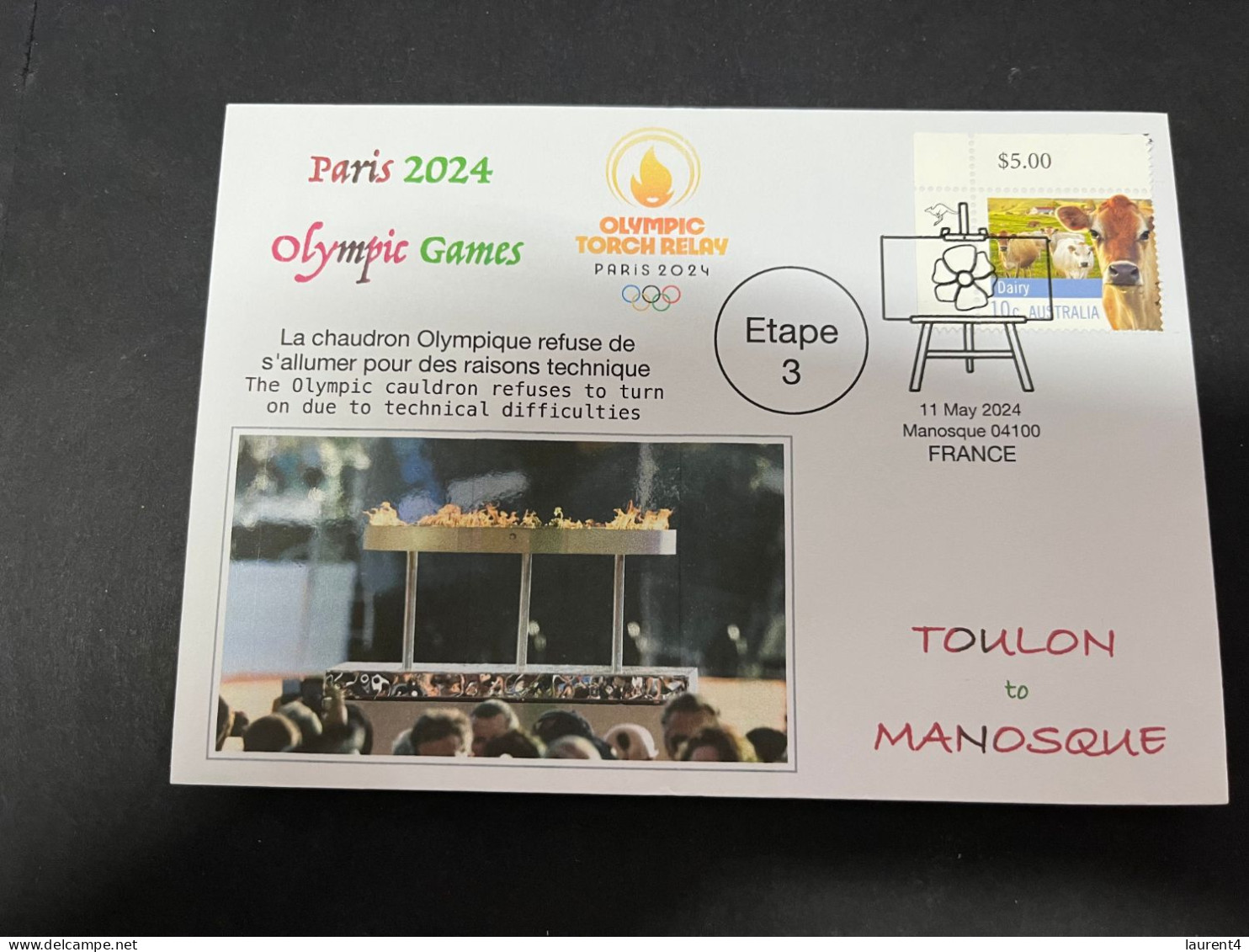 12-5-2024 (4 Z 47A) Paris Olympic Games 2024 - Torch Relay (Etape 3) In Manosqe (11-5-2024) With OZ Stamp - Zomer 2024: Parijs