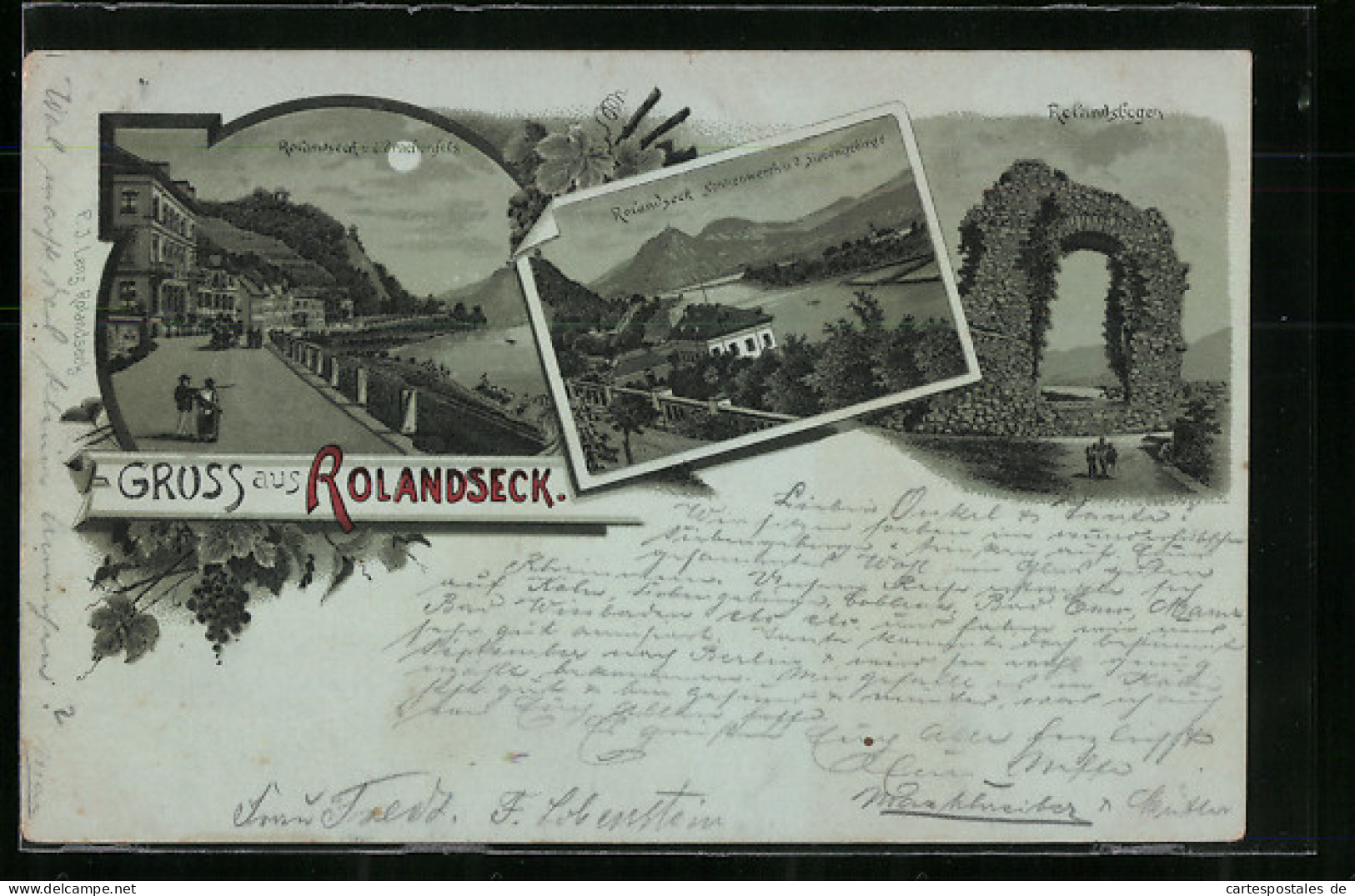 Mondschein-Lithographie Rolandseck, Ortspartie U. D. Drachenfels, Nonnenwerth U. D. Siebengebirge, Rolandsbogen  - Other & Unclassified