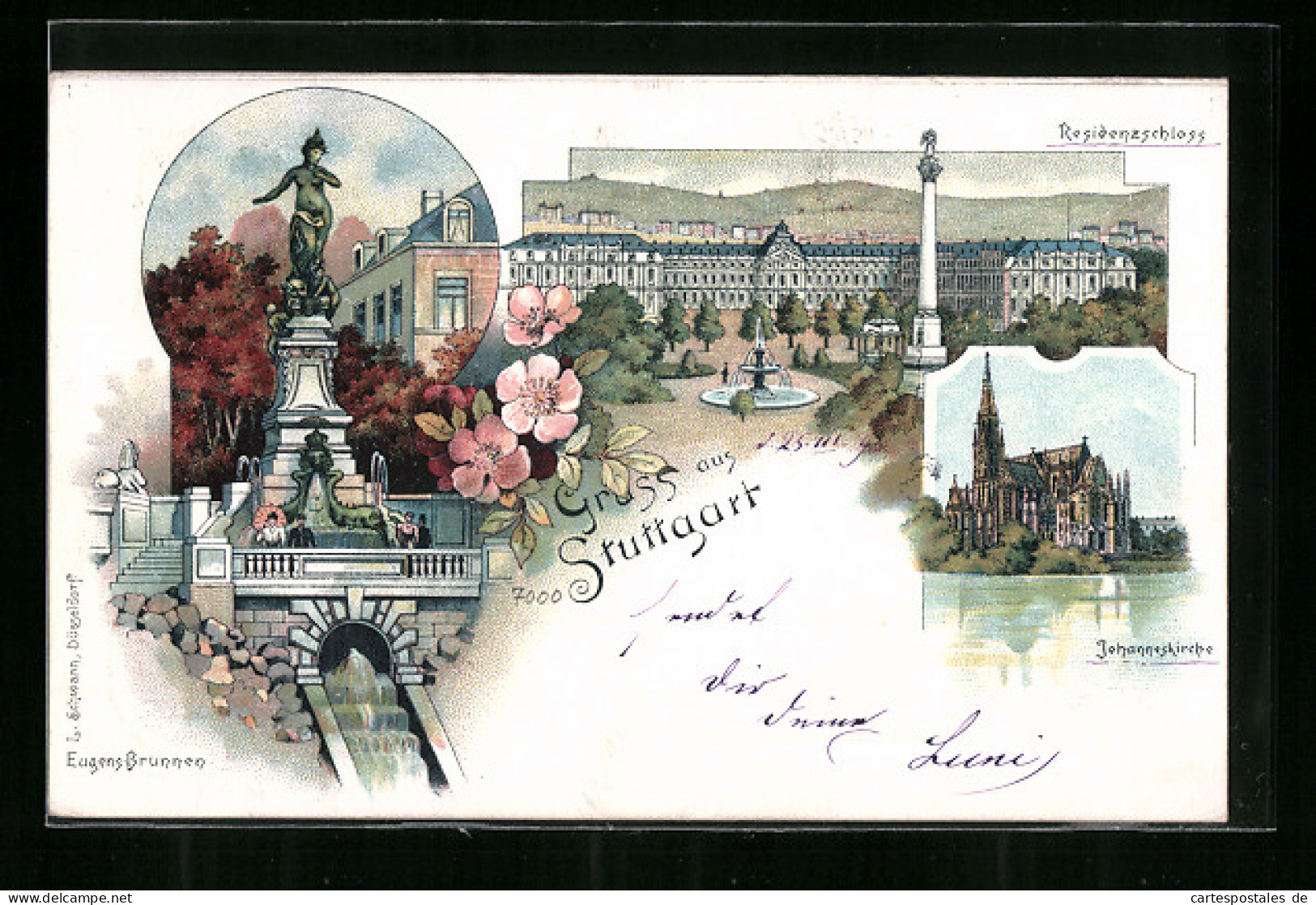 Lithographie Stuttgart, Residenzschloss, Johanneskirche, Eugens-Brunnen  - Stuttgart