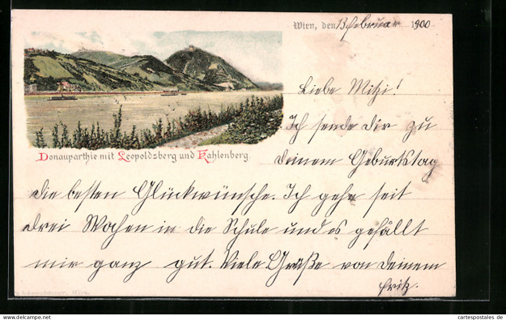 Lithographie Wien, Donaupartie Mit Leopoldsberg Und Kahlenberg  - Other & Unclassified