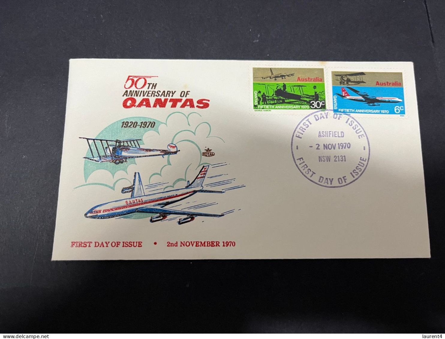 12-5-2024 (4 Z 47 B)  Australia FDC - 1970 - (ROYAL FDC) QANTAS 50th Anniversary - Premiers Jours (FDC)