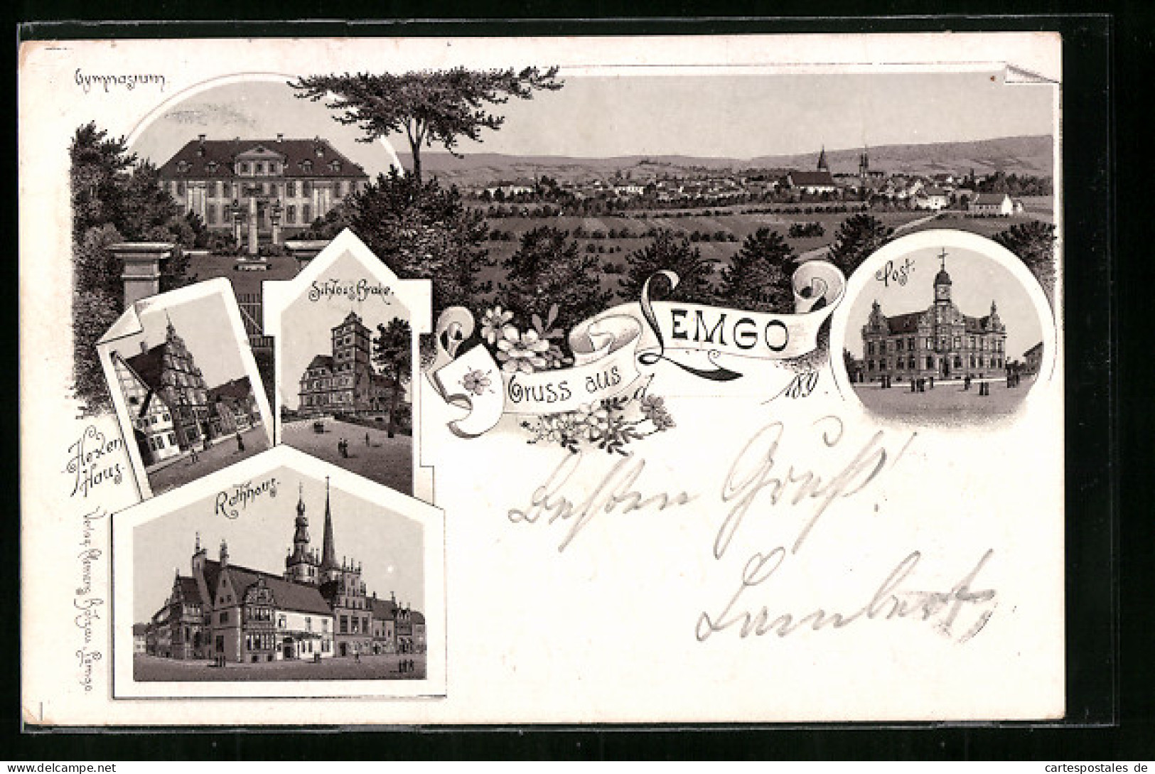 Lithographie Lemgo, Schloss Brake, Rathaus Gymnasium  - Lemgo