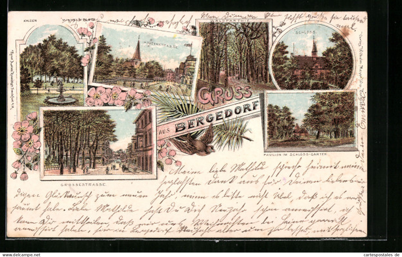 Lithographie Hamburg-Bergedorf, Schloss, Pavillon Im Schloss-Garten, Waldpartie  - Bergedorf