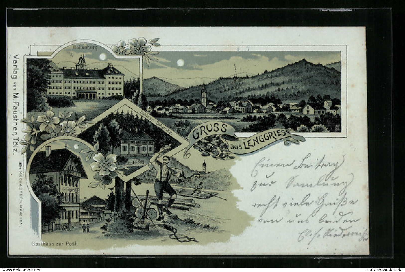 Mondschein-Lithographie Lenggries, Ortsansicht, Gasthaus Zur Post, Hohenburg, Gasthaus Schloss-Schenke, Flösser  - Lenggries