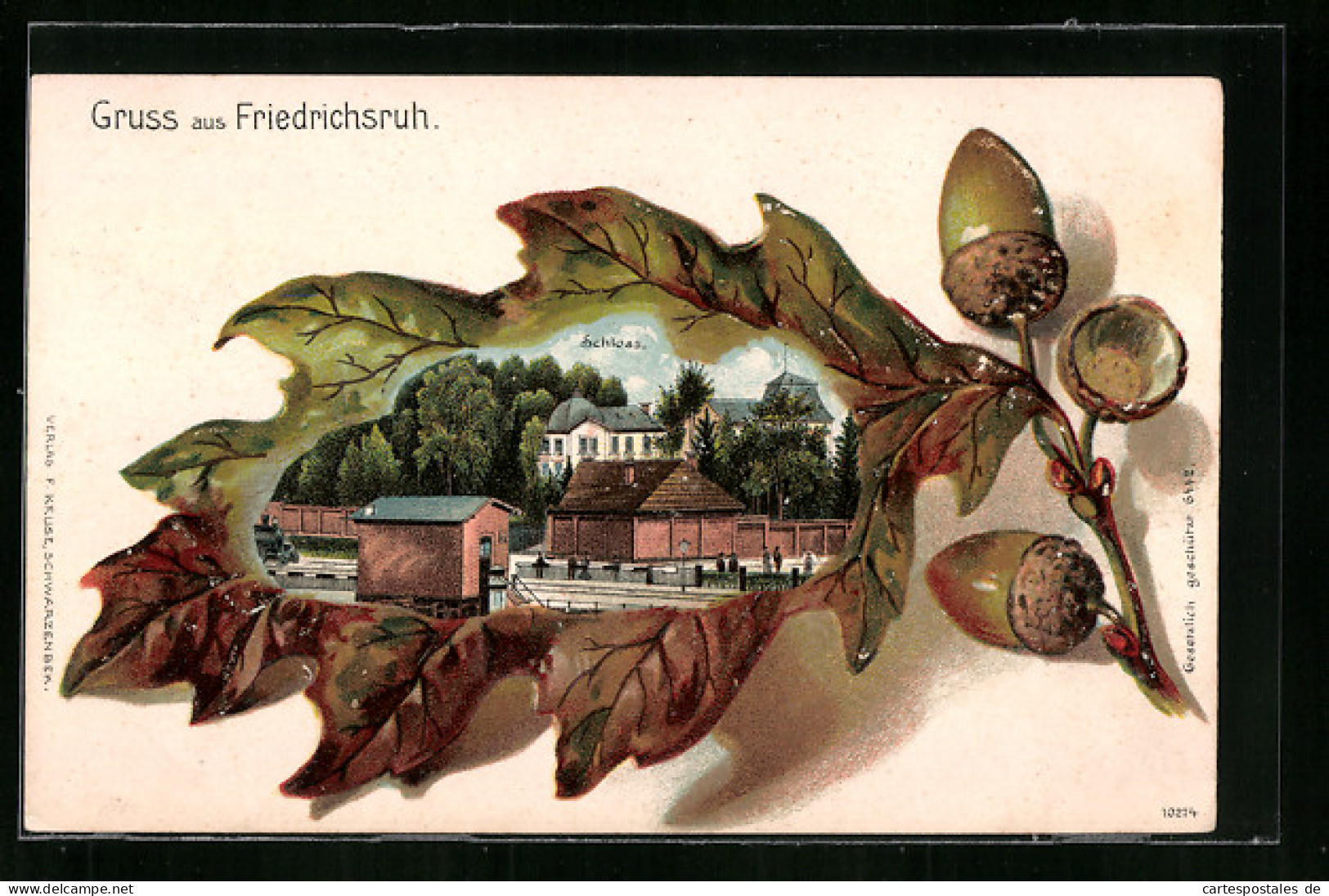Passepartout-Lithographie Friedrichsruh, Schloss Und Bahnhof, Eichenblatt  - Autres & Non Classés