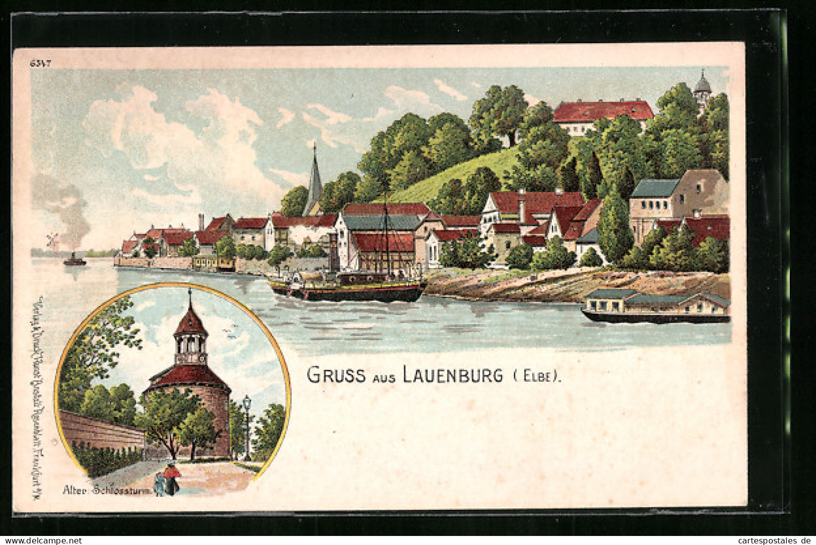 Lithographie Lauenburg A. D. Elbe, Alter Schlossturm, Uferpartie Mit Salondampfer  - Lauenburg