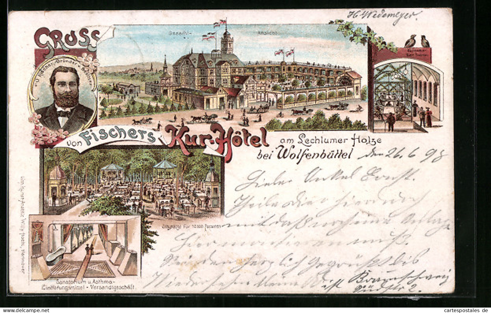 Lithographie Wolfenbüttel, Fischers Kurhotel Am Lechlumer Holze, Gesamtansicht Und Bayrischer Bier-Tonnei  - Wolfenbüttel