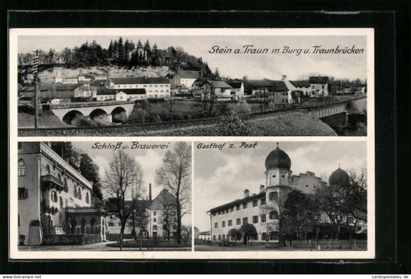 AK Stein A. D. Traun, Gasthof Zur Post, Totalansicht Mit Burg Und Traunbrücken, Schloss Und Brauerei  - Autres & Non Classés