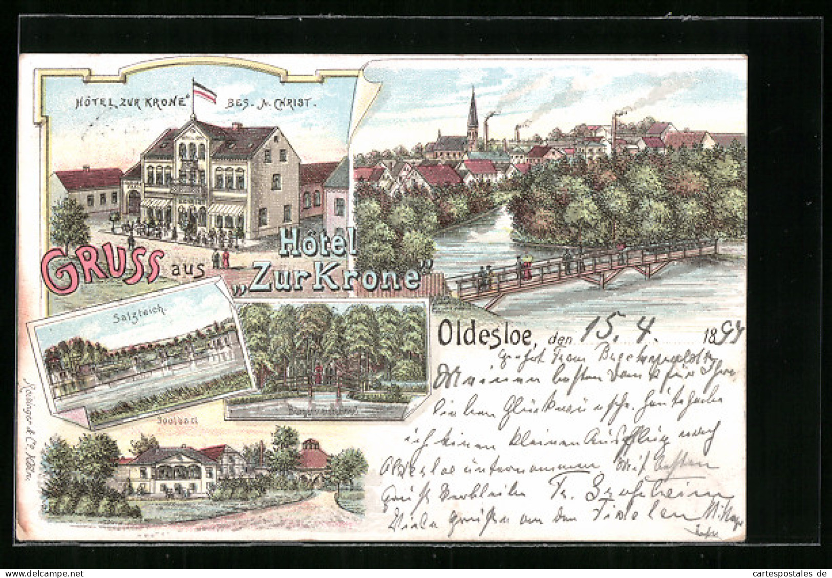 Lithographie Oldesloe, Hotel Zur Krone, Salzteich, Kurhaus Und Soolbad Mit Restaurant  - Bad Oldesloe