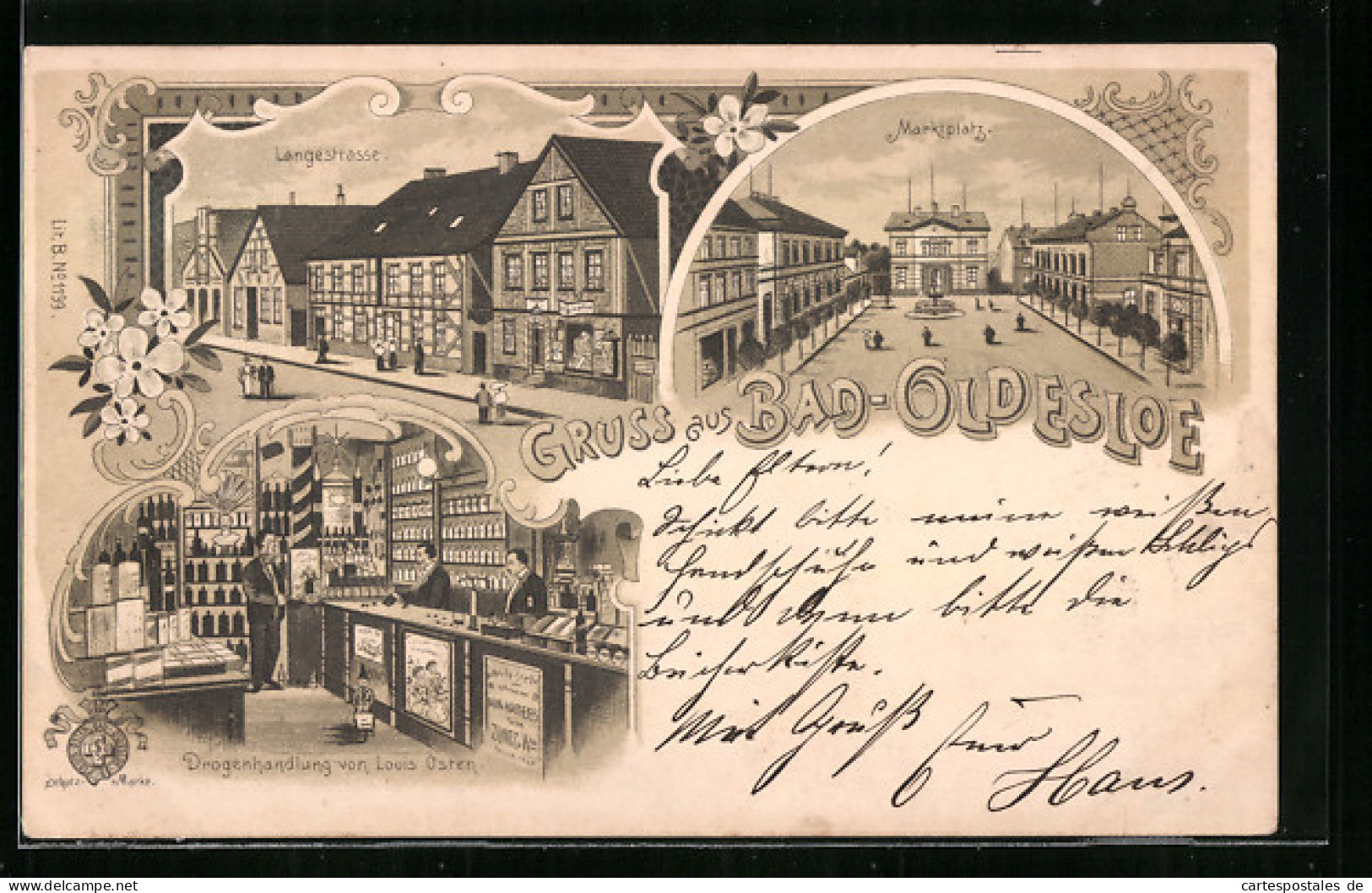 Lithographie Bad Oldesloe, Langestrasse, Marktplatz Und Drogenhandlung Von Louis Osten  - Bad Oldesloe