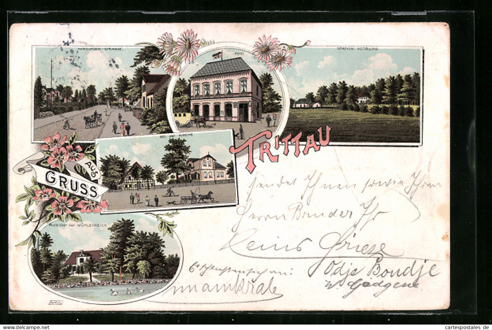 Lithographie Trittau, Hamburger-Strasse, Station Vorburg, Bei Der Kirche, Blick über Den Mühlenteich  - Trittau
