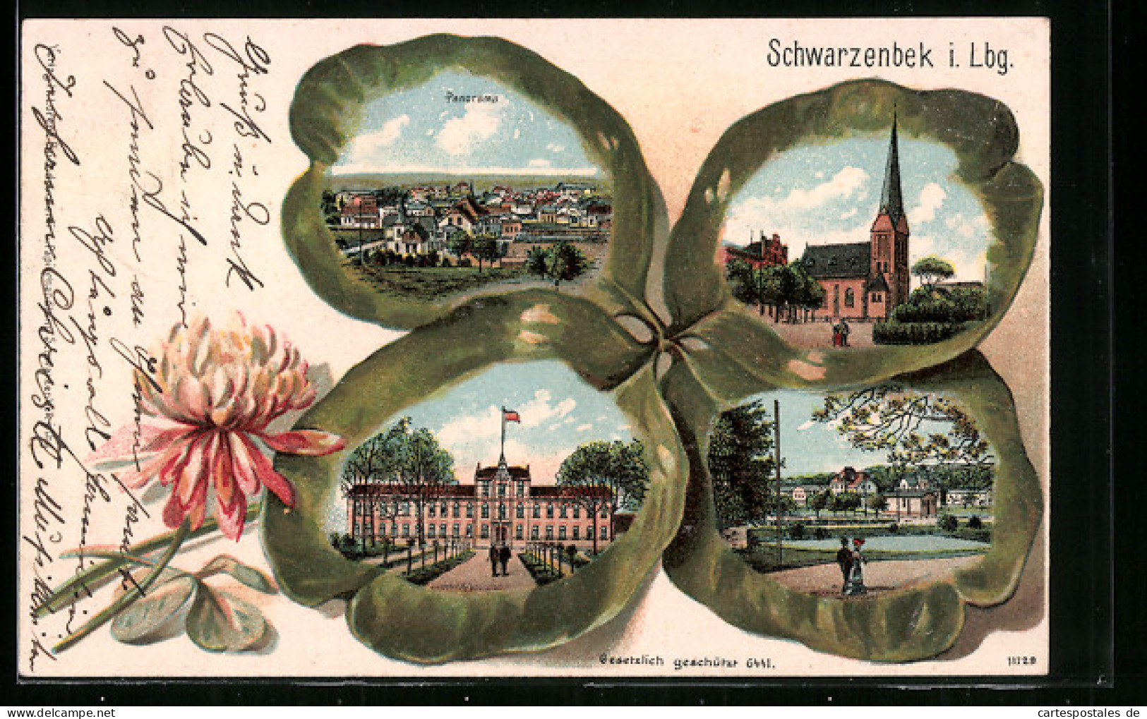 Passepartout-Lithographie Schwarzenbek I. Lbg., Panorama, Kirche, Kleeblatt  - Other & Unclassified