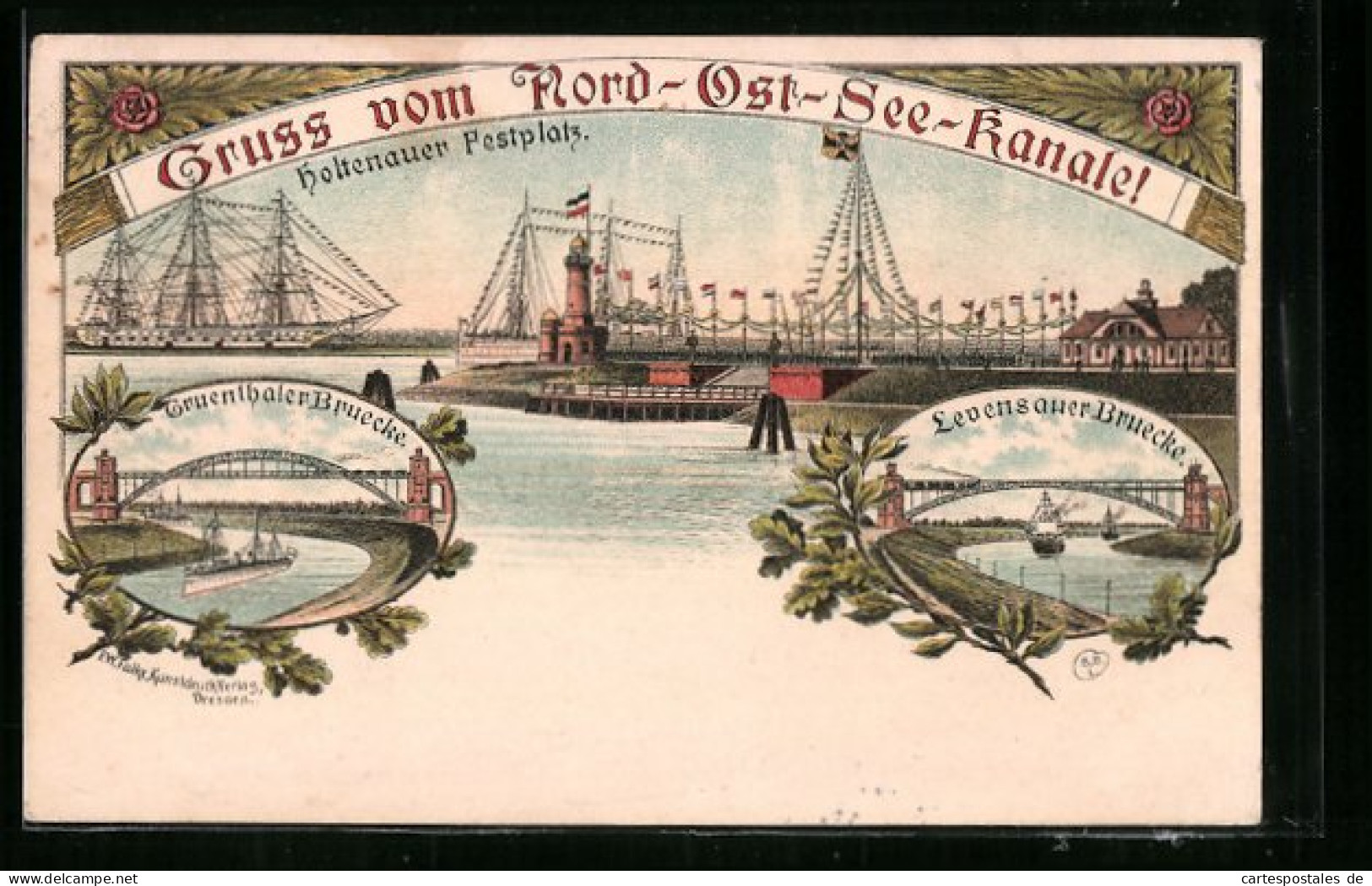 Lithographie Levensau, Gruss Vom Nord-Ost-See-Kanale!, Holtenauer Festplatz, Levensauer Brücke, Gruenthaler Brücke  - Other & Unclassified