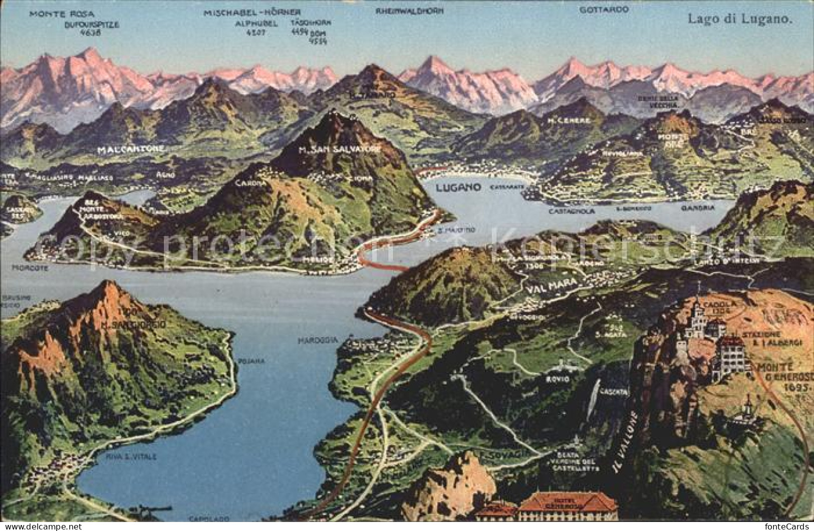 12050016 Lugano TI Panoramakarte Lago Di Luganon Und Alpen Lugano - Autres & Non Classés