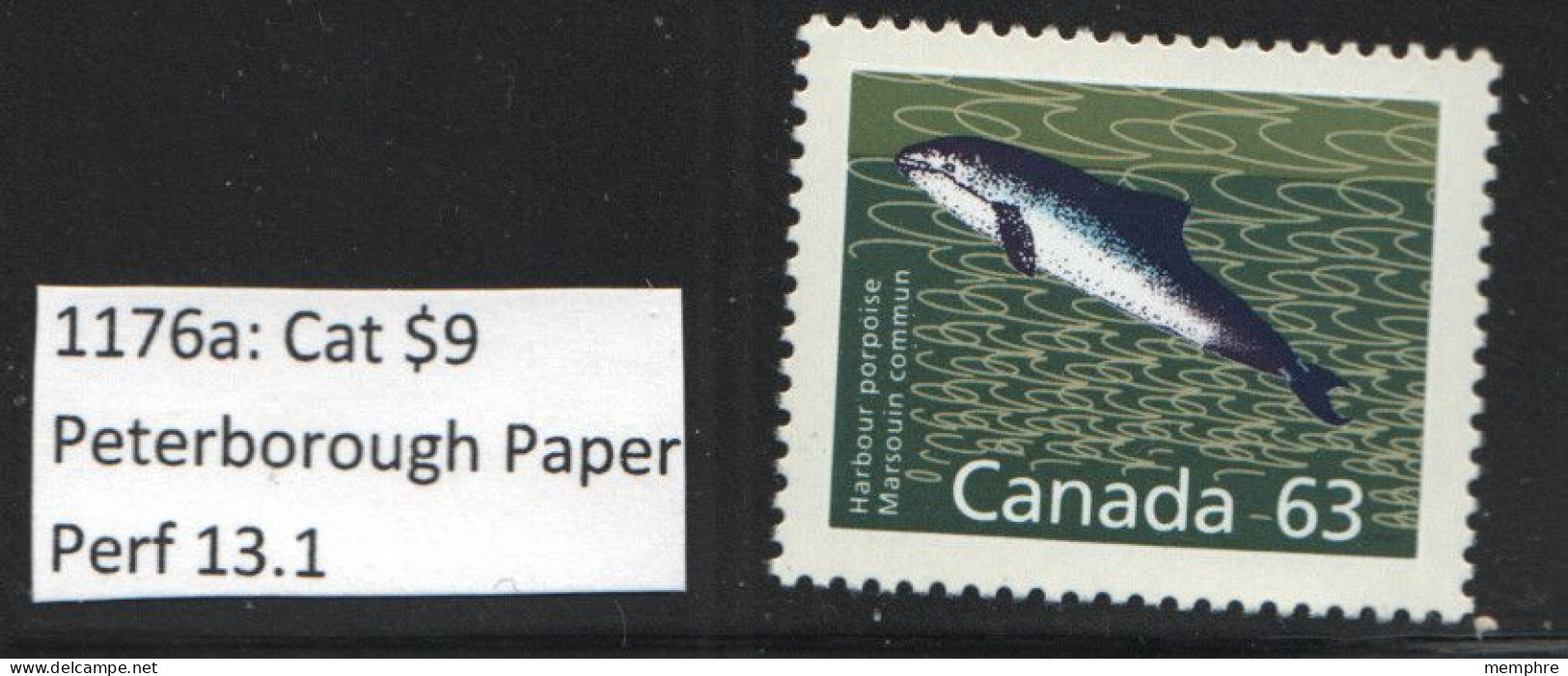 1989   Harbour Porpoise 63¢  Definitive  Peterborough Paper, Perf 13.1 Sc 1176a MNH - Unused Stamps