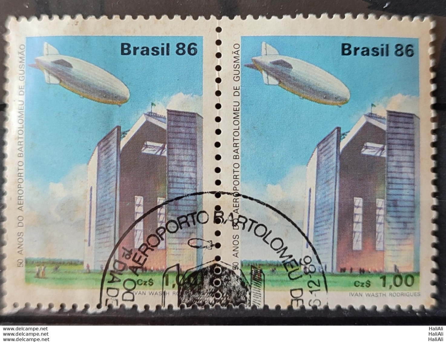 C 1541 Brazil Stamp 50 Years Airport Bartolomeu De Gusmao Balloon Hangar 1986 Dupla Circulated 1 - Gebraucht