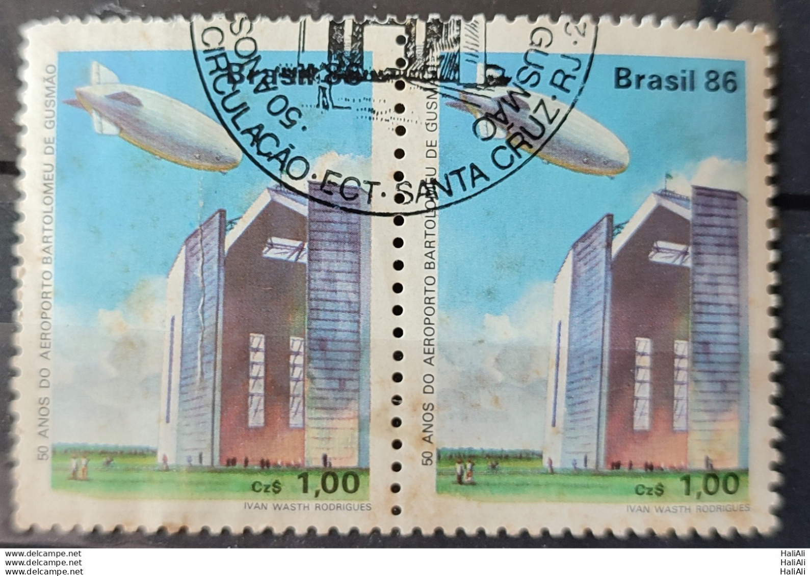 C 1541 Brazil Stamp 50 Years Airport Bartolomeu De Gusmao Balloon Hangar 1986 Dupla Circulated 2 - Oblitérés