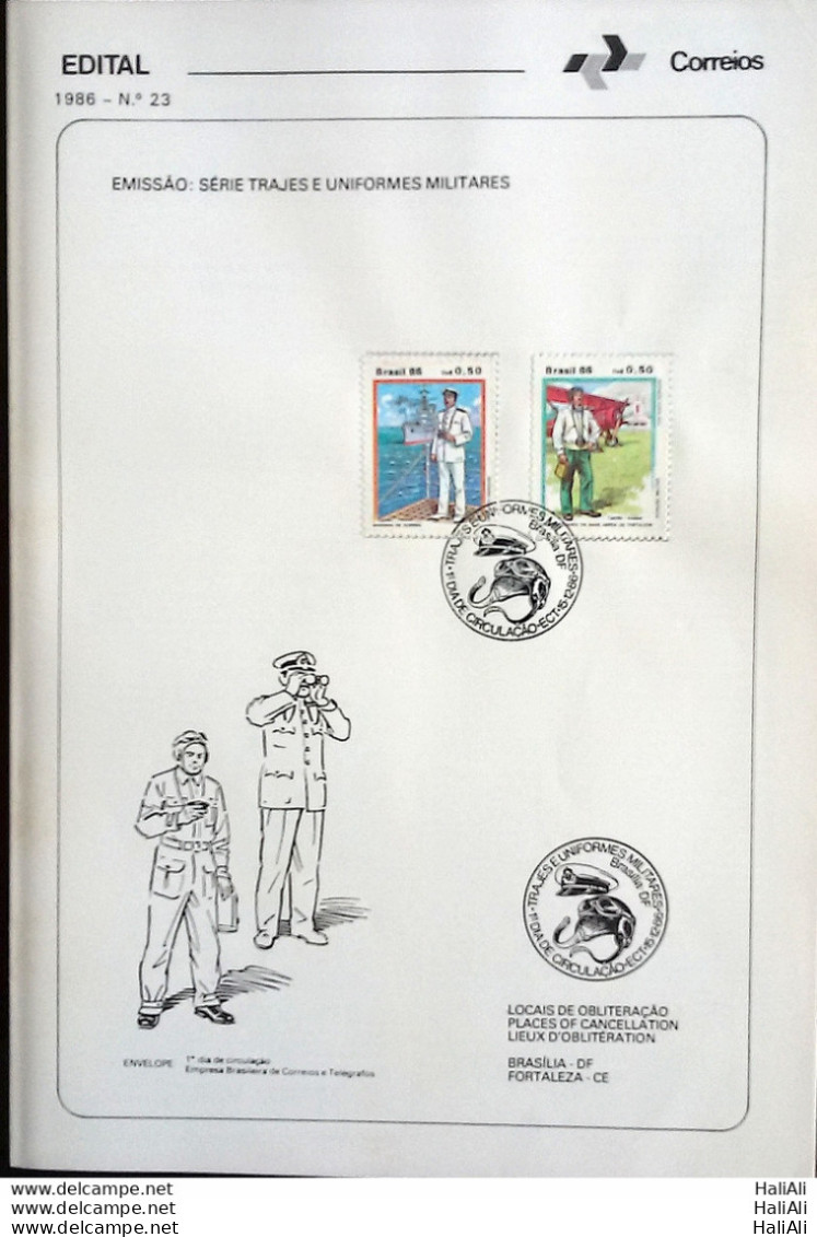 Brochure Brazil Edital 1986 23 Military Uniforms With Stamp Overlaid CBC DF Brasília - Cartas & Documentos