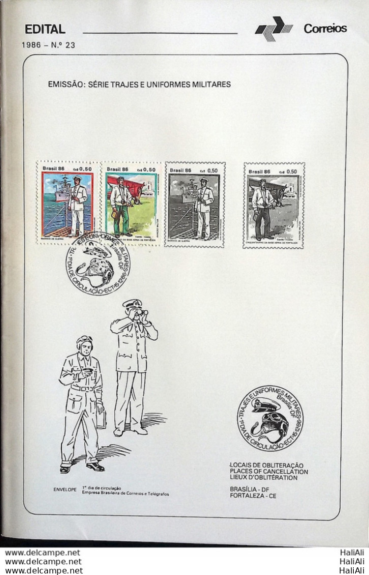 Brochure Brazil Edital 1986 23 Military Uniforms With Stamp CBC DF Brasília - Covers & Documents