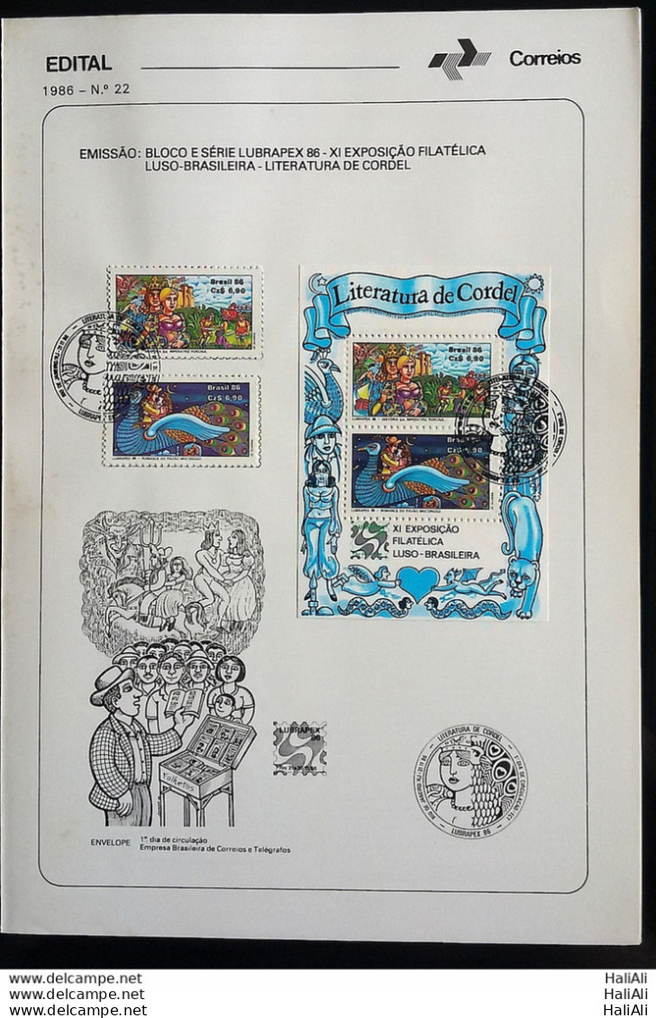 Brochure Brazil Edital 1986 22 Cordel Literature With Stamp Block CBC RJ - Covers & Documents