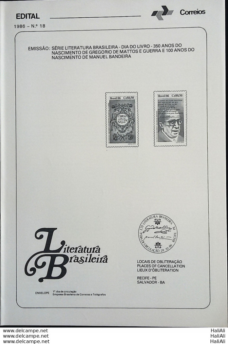 Brochure Brazil Edital 1986 18 Gregorio Mattos Manuel Flag Literature Without Stamp - Covers & Documents