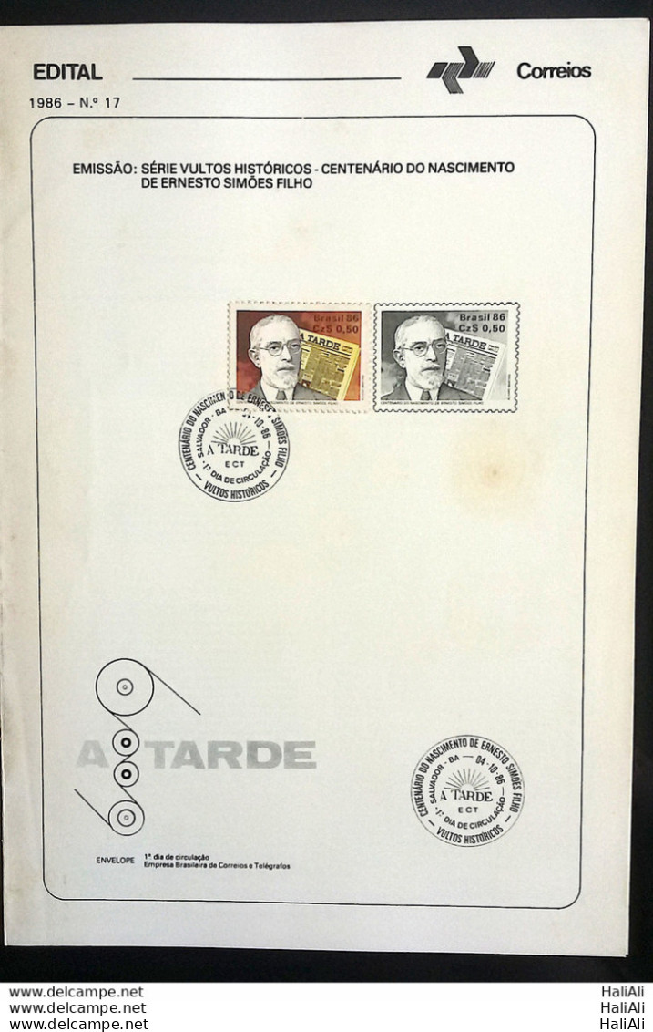 Brochure Brazil Edital 1986 17 Ernesto Simoes Filho Journalism With Stamp CBC BA Salvador - Storia Postale