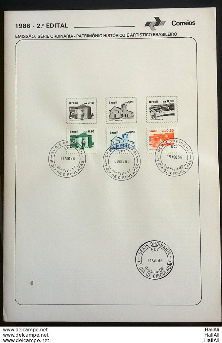 Brochure Brazil Edital 1986 02 Historical Heritage Church Religion Fort Military With Stamp CPD SP - Storia Postale