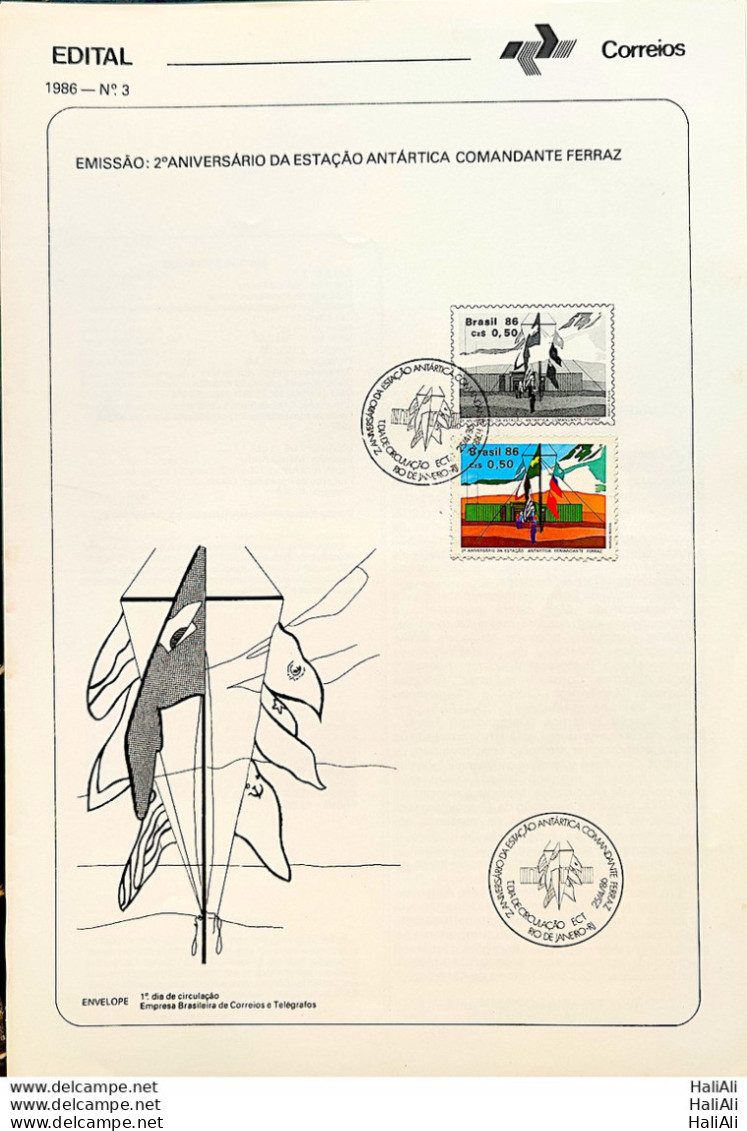 Brochure Brazil Edital 1986 03 Commander Ferraz Antartide Antarctica Flag With Stamp CBC RJ - Briefe U. Dokumente