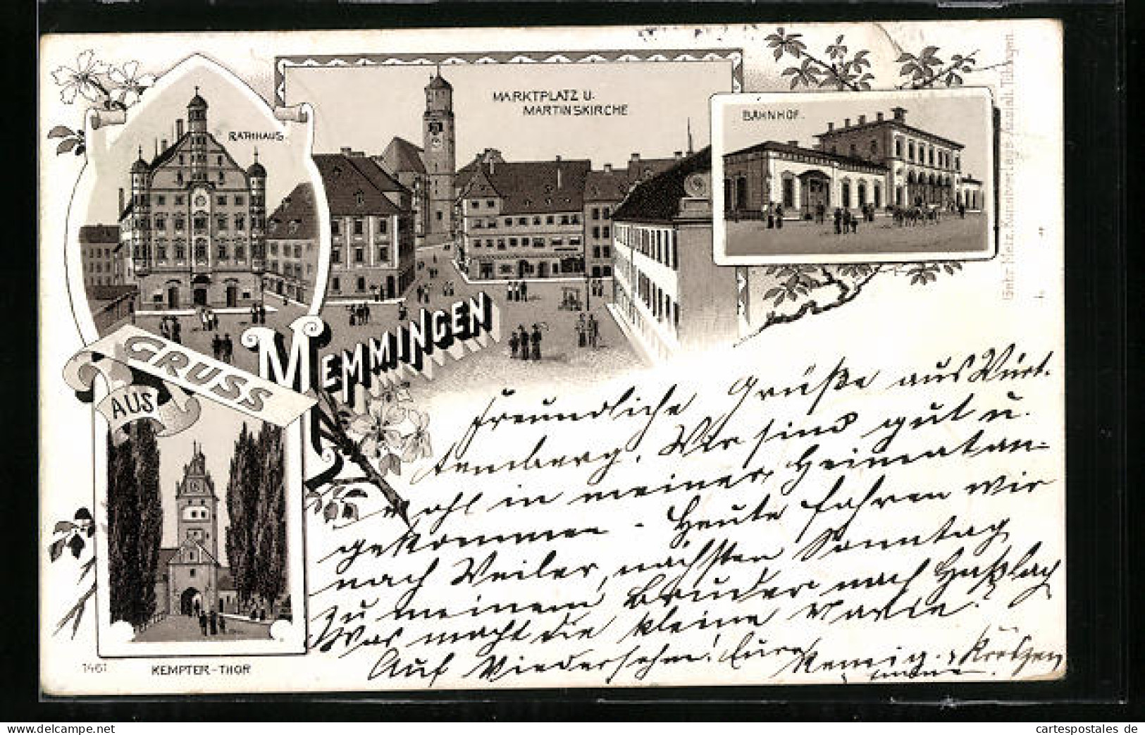 Lithographie Memmingen, Bahnhof, Rathaus, Marktplatz Und Martinskirche  - Memmingen