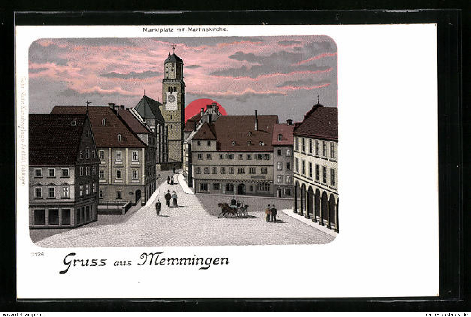 Lithographie Memmingen, Marktplatz Mit Martinskirche Und Aufgehender Sonne  - Memmingen