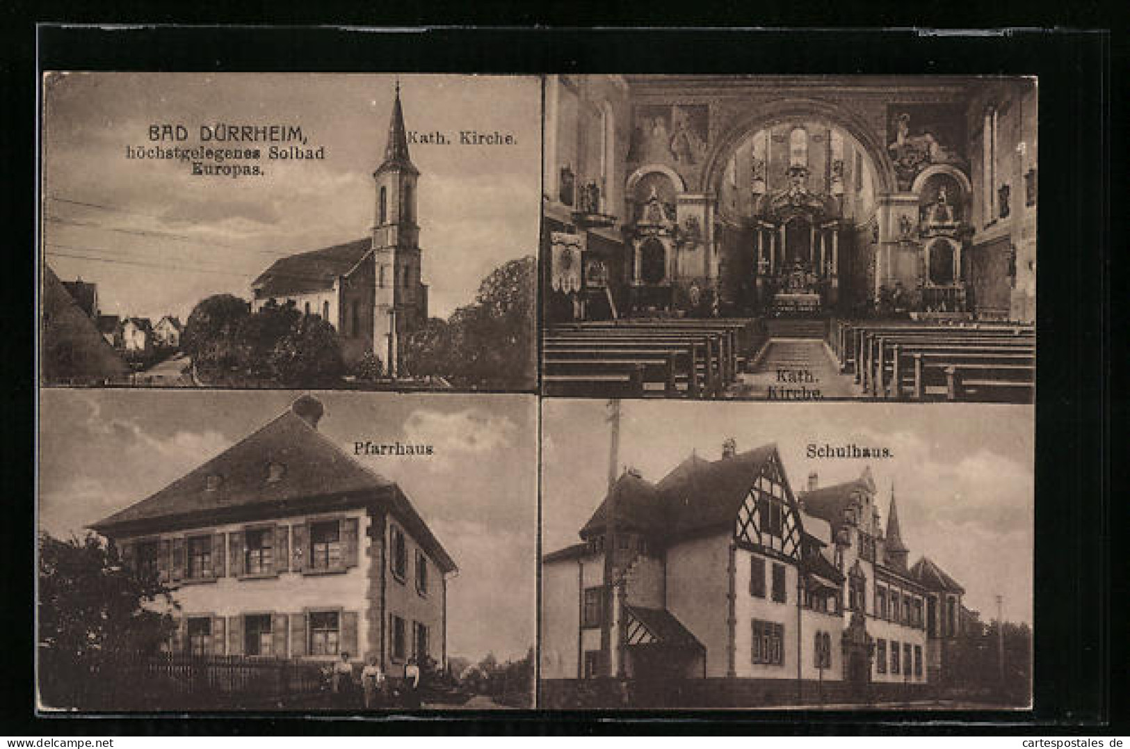 AK Bad Dürrheim, Kath. Kirche Mit Innenansicht, Pfarrhaus, Schulhaus  - Bad Duerrheim