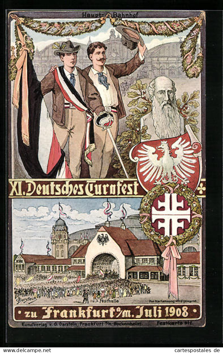 Künstler-AK Frankfurt A. M., XI. Deutsches Turnfest 1908, Turnvater Jahn, Wappen, Sportler, Festplatz  - Autres & Non Classés