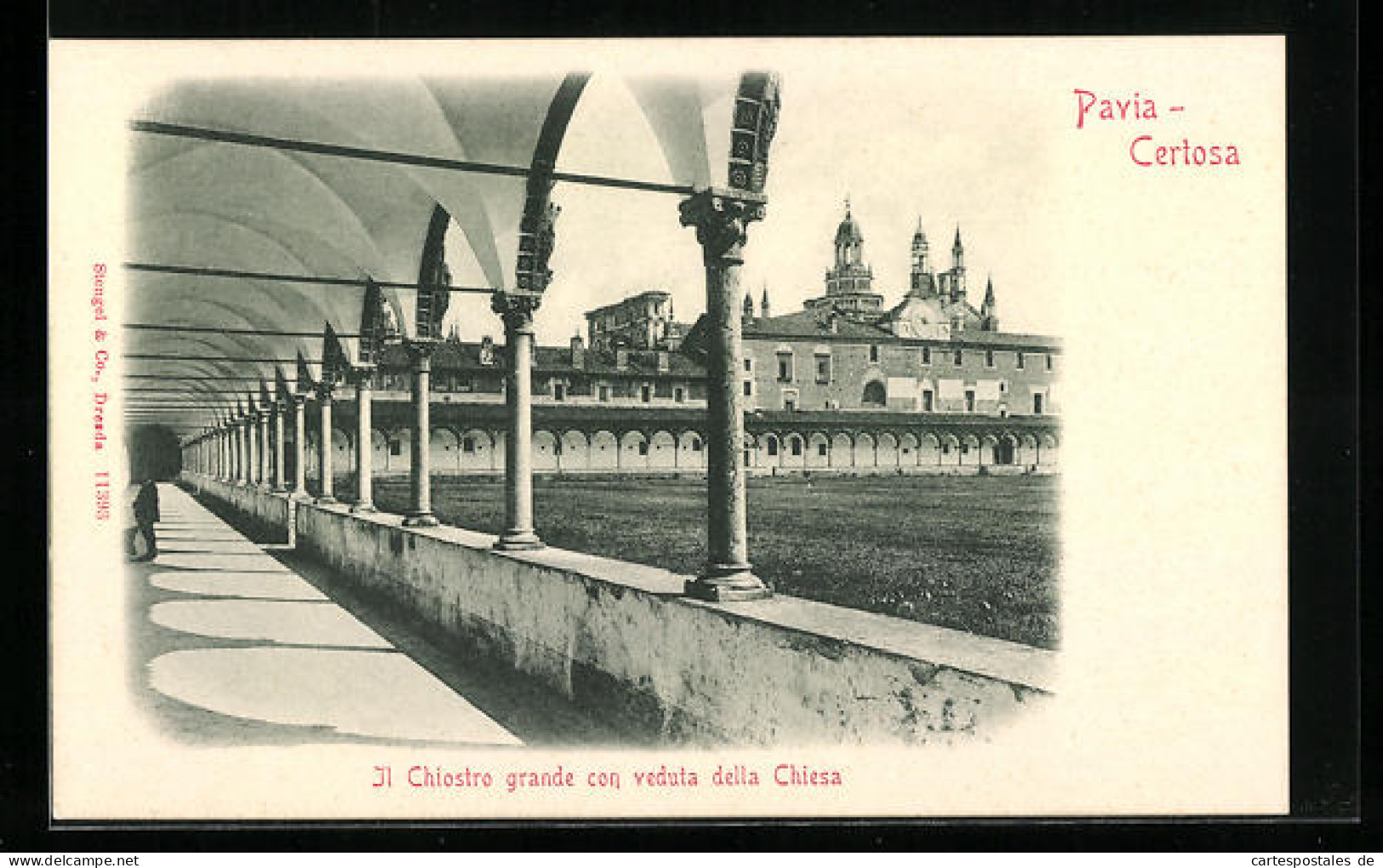 Cartolina Pavia-Certosa, Il Chiostro Grande Con Veduta Della Chiesa  - Pavia