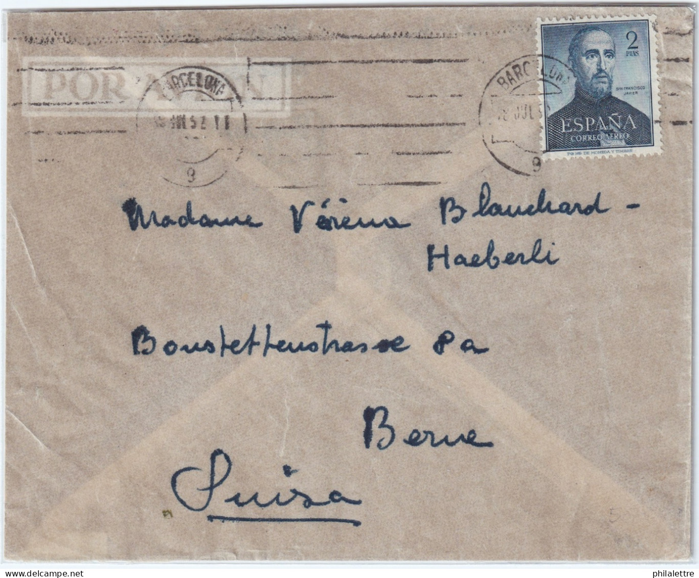 ESPAGNE / ESPAÑA - 1952 Ed.1118 San Francisco Javier Sobre Carta De Barcelona A BERN, SUIZA - Storia Postale