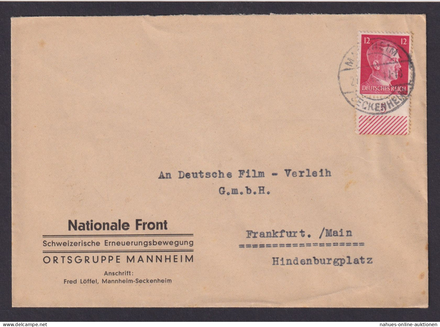 Deutsches Reich Mannheim Nationale Front Ortsgruppe Brief Frankfurt Main EF - Brieven En Documenten