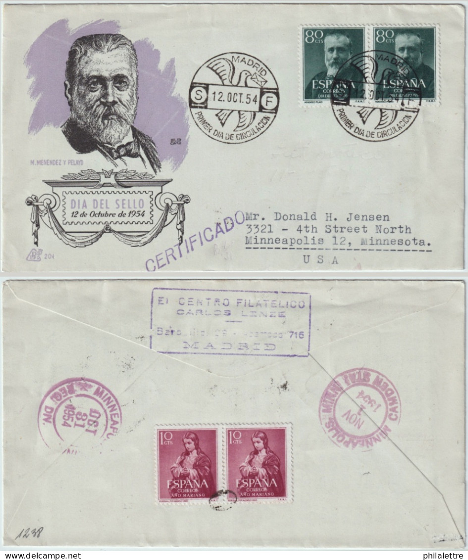 ESPAGNE / ESPAÑA - 1954 Pareja Ed.1142 80c Marcelino Menendez Y Pelayo Sobre Carta Primer Dia Certificado A Los EE.UU. - Brieven En Documenten