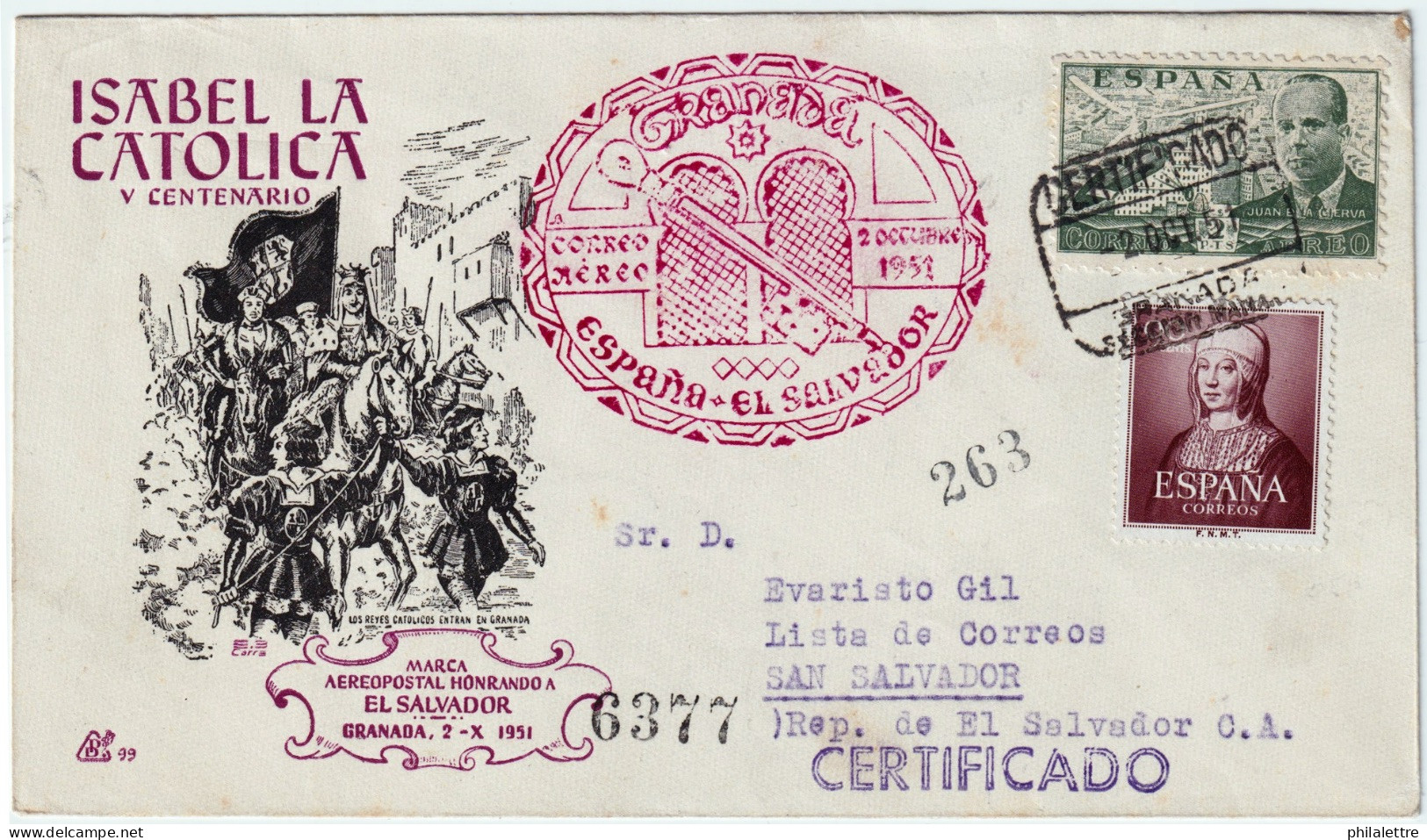 ESPAGNE / ESPAÑA - 1951 Ed.1094 (con Ed.945) Carta Correo Aéreo Granada A El Salvador / V Centenario Isabel La Catolica - Lettres & Documents