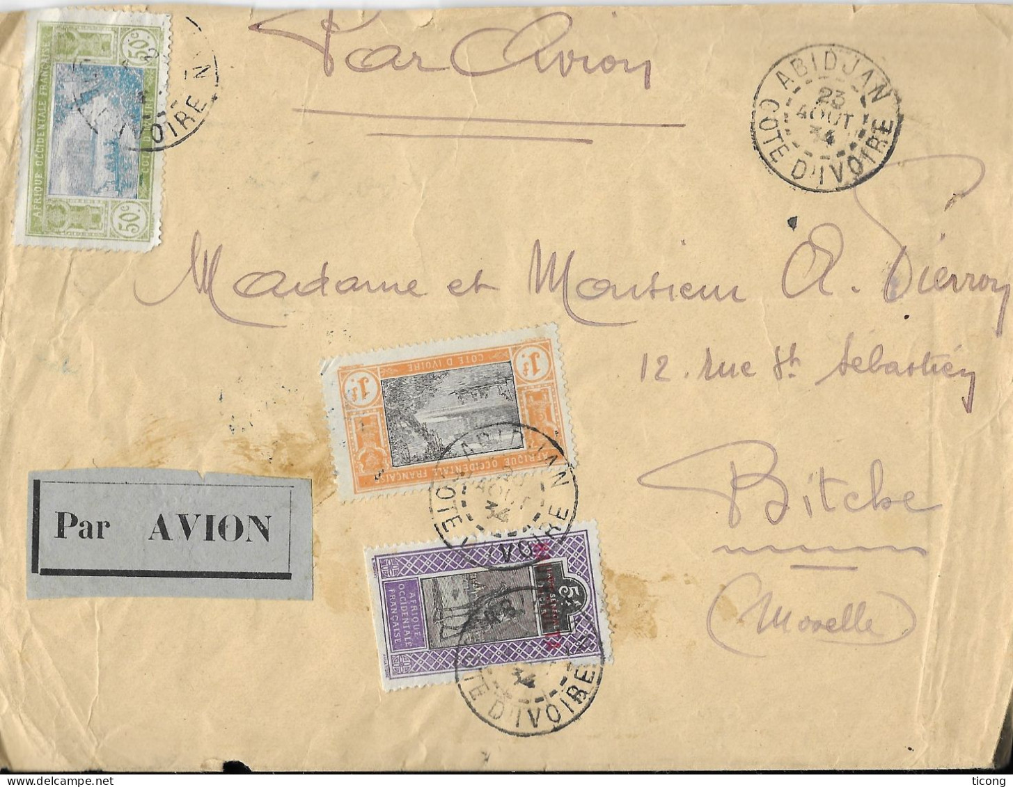 ABIDJAN COTE D IVOIRE 1934 COURRIER POUR BITCHE MOSELLE FRANCE, AU VERSO CACHET DAKAR SENEGAL, VOIR LES SCANNERS - Brieven En Documenten