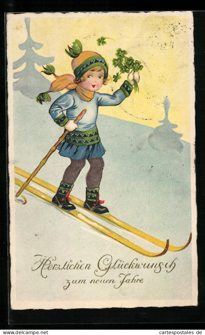 AK Mädchen Mit Kleeblättern Auf Skiern, Herzlichen Glückwunsch Zum Neuen Jahre  - Sports D'hiver