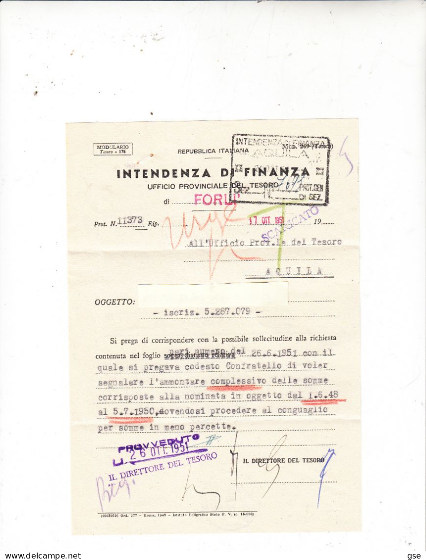 ITALIA  1951 - Racccomandata Da Forlì Ad Aquila - 1946-60: Marcofilia