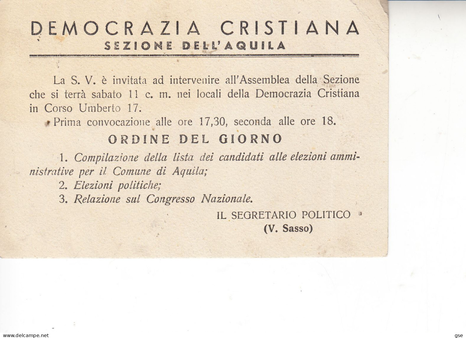 ITALIA  1946 - Cartoncino Politico- Pubbblixcitario (Democrazia Cristiana) - 1946-60: Poststempel