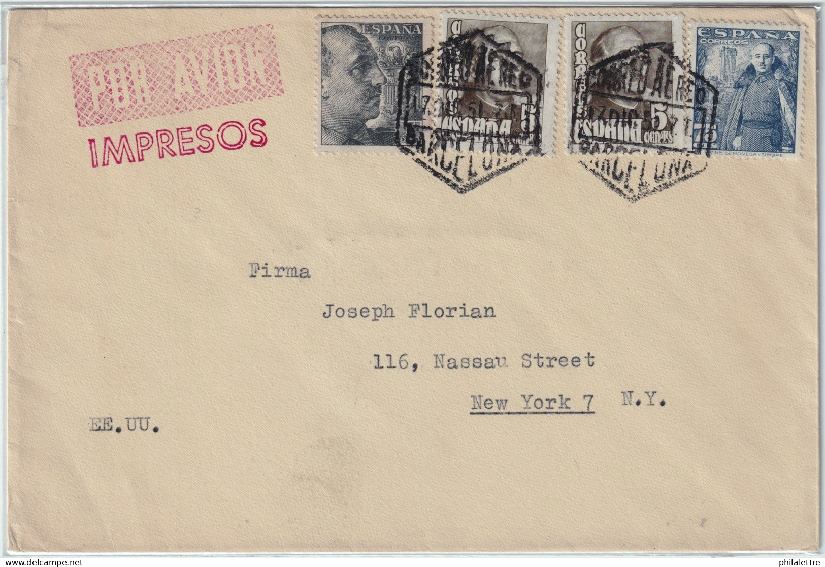 ESPAGNE / ESPAÑA - 1951 Ed.1020a (x2), Ed.1031 Y Ed.1056 Sobre Carta IMPRESOS POR AVION De Barcelona A Nuva York, EE.UU. - Brieven En Documenten