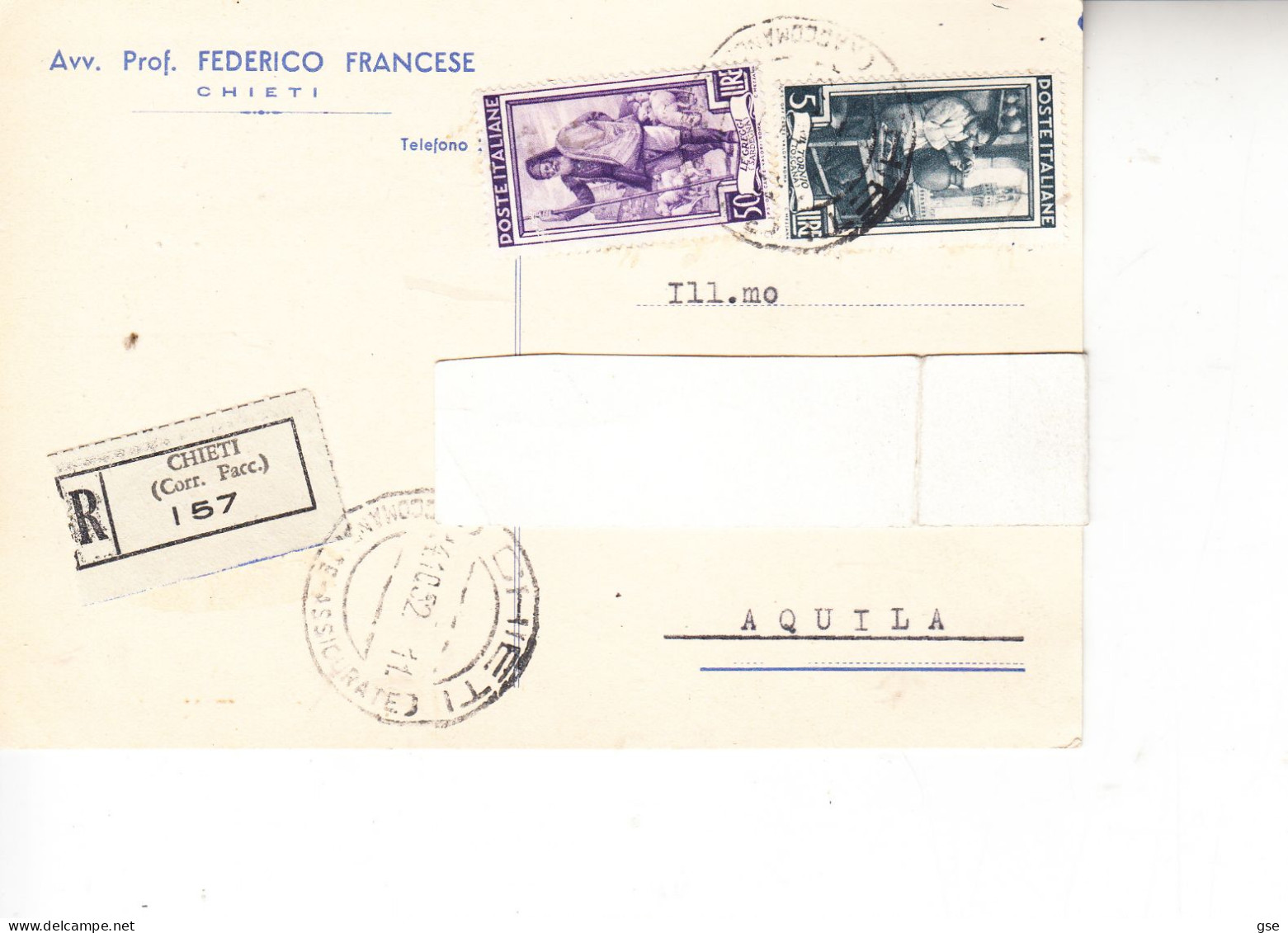 ITALIA  1952 - Cartolina Privata Raccomandata Con Misto Italia Lavoro - 1946-60: Marcofilia