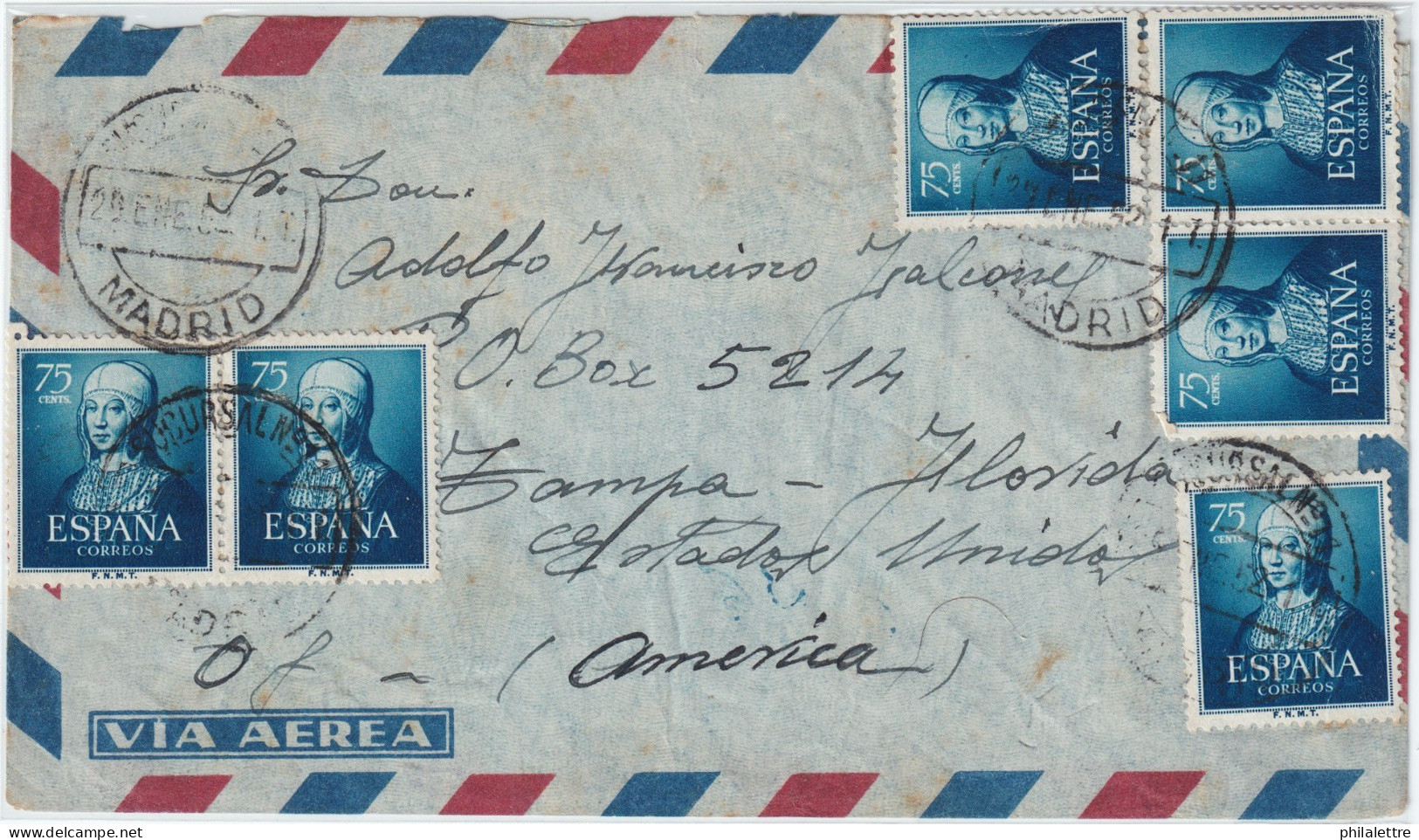 ESPAGNE / ESPAÑA - 1952 6xEd.1093 75c Isabel La Católica Sobre Carta Por Avion De Madrid A Tampa, Florida, EE.UU. - Lettres & Documents